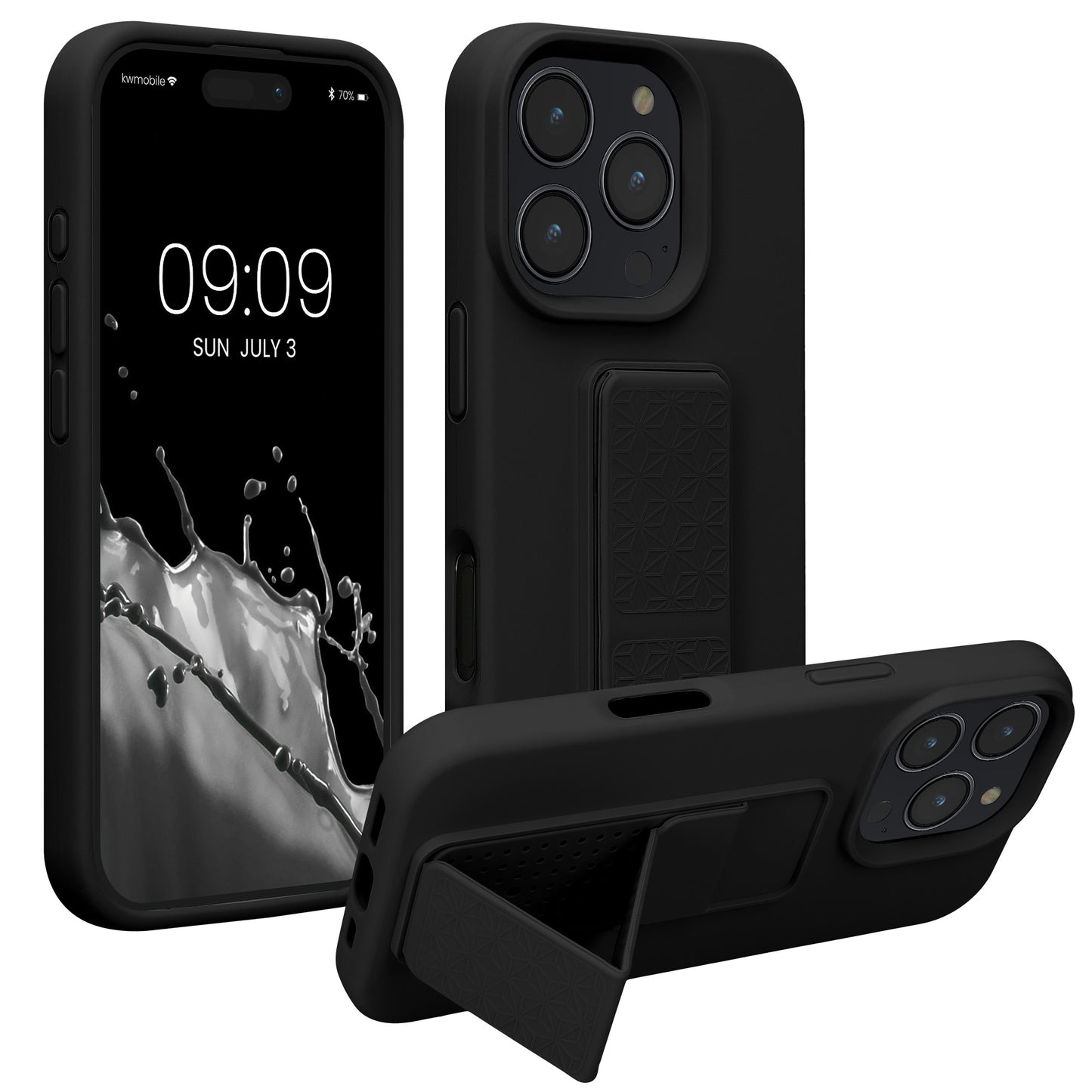 kwmobile Handyhülle kompatibel mit Apple iPhone 16 Pro - Hülle mit Fingerhalter und Standfunktion - Silikon Case Handy Cover in Schwarz Schwarz  