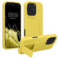 kwmobile Handyhülle kompatibel mit Apple iPhone 16 Pro - Hülle mit Fingerhalter und Standfunktion - Silikon Case Handy Cover in Strahlend Gelb Strahlend Gelb  