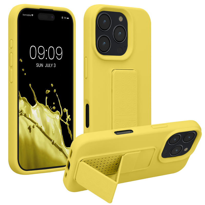 kwmobile Handyhülle kompatibel mit Apple iPhone 16 Pro - Hülle mit Fingerhalter und Standfunktion - Silikon Case Handy Cover in Strahlend Gelb Strahlend Gelb  