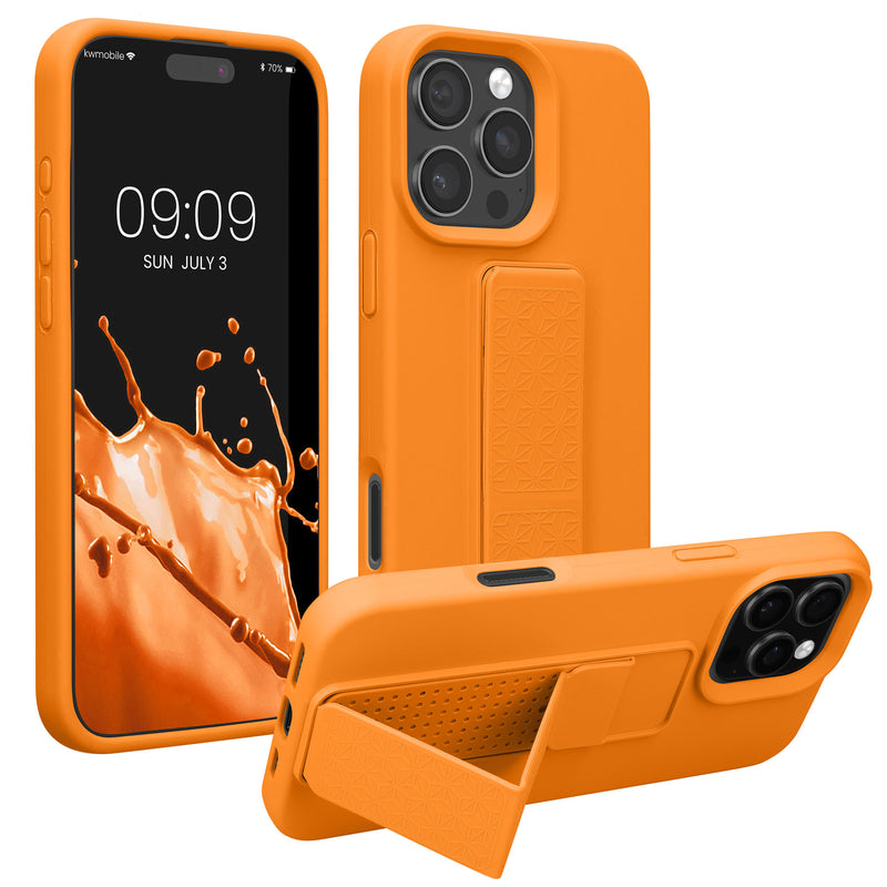 kwmobile Handyhülle kompatibel mit Apple iPhone 16 Pro - Hülle mit Fingerhalter und Standfunktion - Silikon Case Handy Cover in Fruity Orange Fruity Orange  