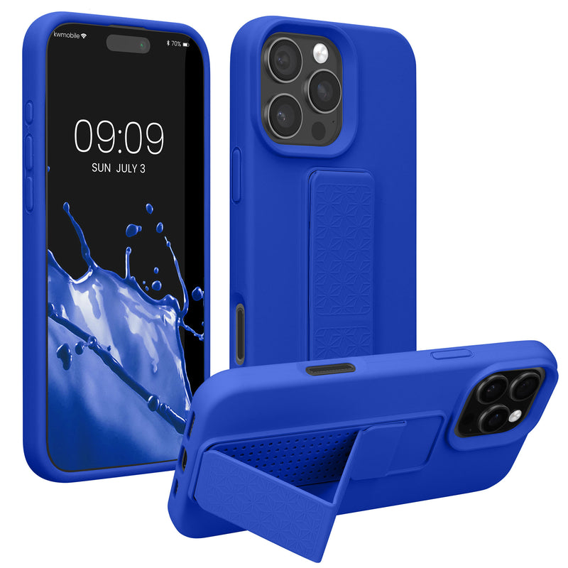 kwmobile Handyhülle kompatibel mit Apple iPhone 16 Pro - Hülle mit Fingerhalter und Standfunktion - Silikon Case Handy Cover in Baltik Blau Baltik Blau  