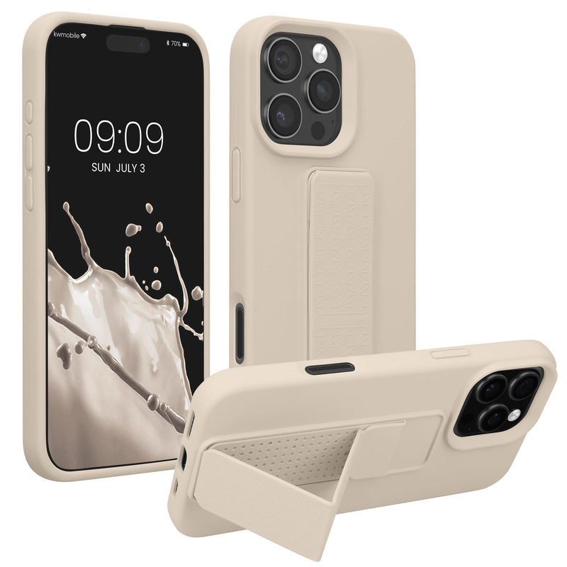 kwmobile Handyhülle kompatibel mit Apple iPhone 16 Pro - Hülle mit Fingerhalter und Standfunktion - Silikon Case Handy Cover in Creme Creme  