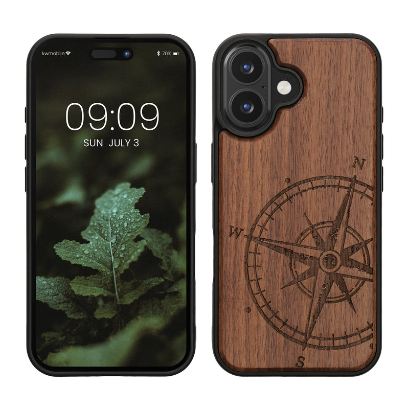kwmobile Hülle kompatibel mit Apple iPhone 16 Hülle - Holz Case - Handy Cover - TPU Handyhülle in Dunkelbraun Kompass Vintage Dunkelbraun  [dsg01]