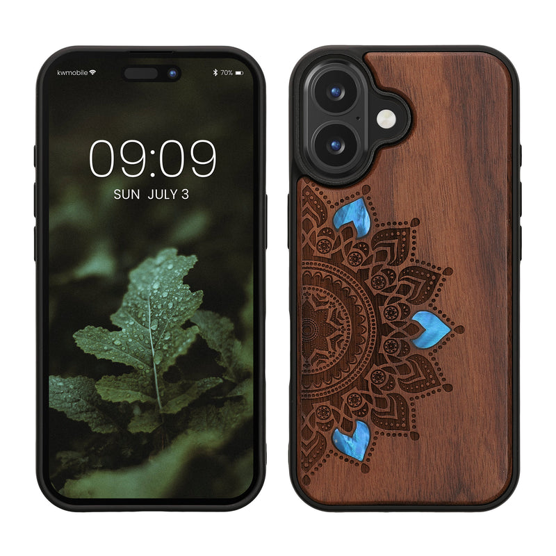kwmobile Hülle kompatibel mit Apple iPhone 16 Hülle - Holz Case - Handy Cover - TPU Handyhülle in Dunkelbraun Aufgehende Sonne Perlmutt Dunkelbraun  [dsg02]