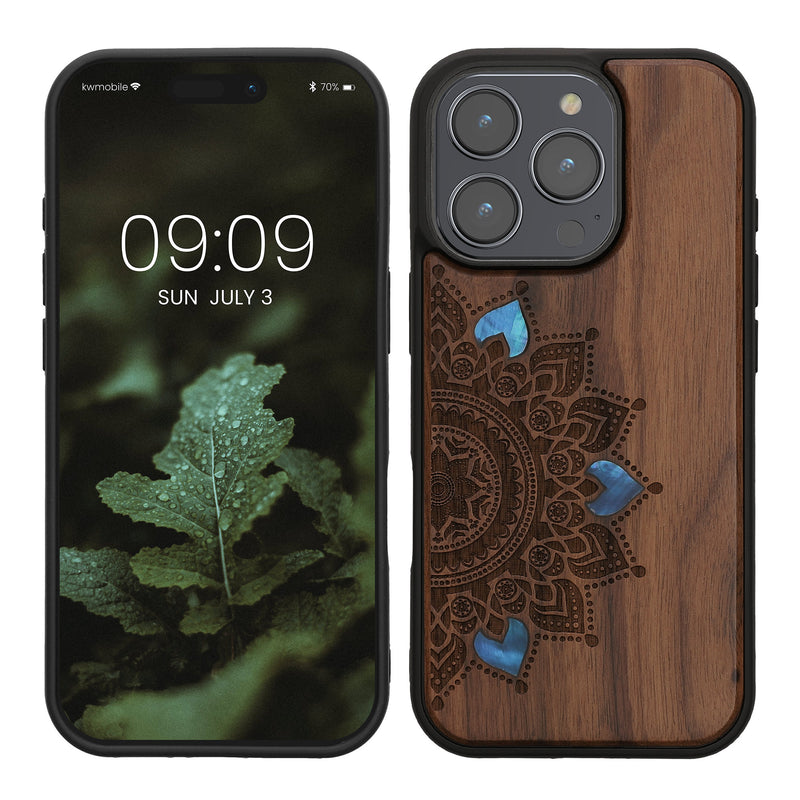 kwmobile Hülle kompatibel mit Apple iPhone 16 Pro Hülle - Holz Case - Handy Cover - TPU Handyhülle in Dunkelbraun Aufgehende Sonne Perlmutt Dunkelbraun  [dsg02]