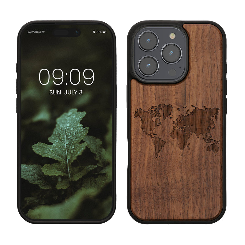kwmobile Hülle kompatibel mit Apple iPhone 16 Pro Hülle - Holz Case - Handy Cover - TPU Handyhülle in Dunkelbraun Travel Umriss Dunkelbraun  [dsg03]