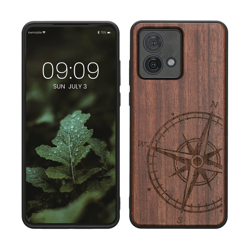 kwmobile Hülle kompatibel mit Motorola Moto G84 5G Hülle - Holz Case - Handy Cover - TPU Handyhülle in Dunkelbraun Kompass Vintage Dunkelbraun  [dsg01]