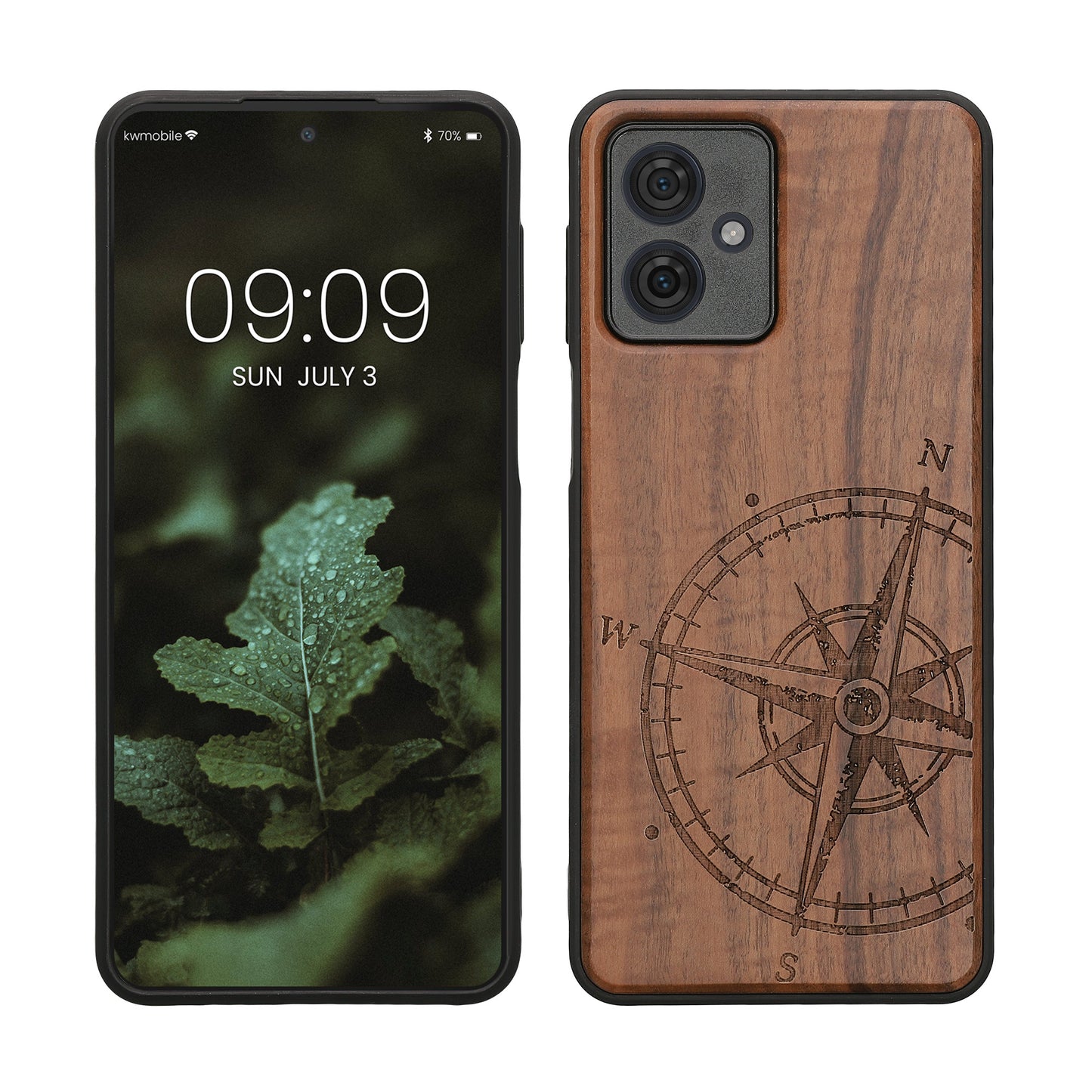 kwmobile Hülle kompatibel mit Motorola Moto G54 5G Hülle - Holz Case - Handy Cover - TPU Handyhülle in Dunkelbraun Kompass Vintage Dunkelbraun  [dsg01]
