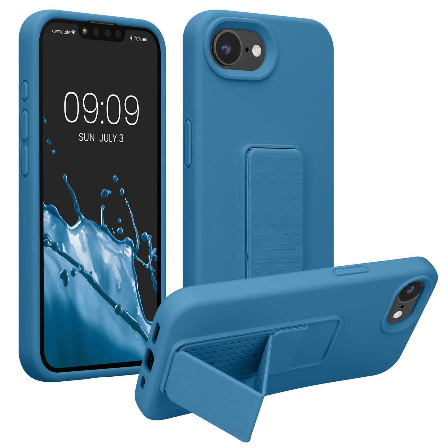 kwmobile Handyhülle kompatibel mit Apple iPhone 17e / iPhone 16e - Hülle mit Fingerhalter und Standfunktion - Silikon Case Handy Cover in Karibikblau Karibikblau  