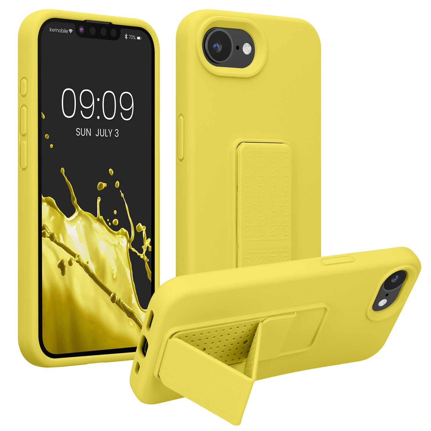 kwmobile Handyhülle kompatibel mit Apple iPhone 17e / iPhone 16e - Hülle mit Fingerhalter und Standfunktion - Silikon Case Handy Cover in Strahlend Gelb Strahlend Gelb  