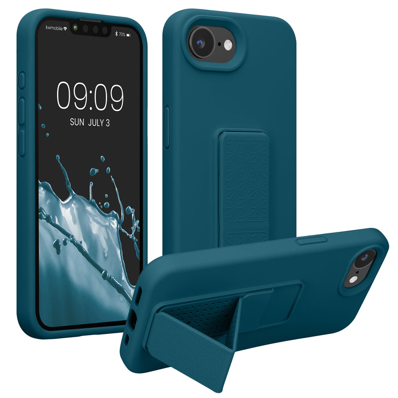 kwmobile Handyhülle kompatibel mit Apple iPhone 17e / iPhone 16e - Hülle mit Fingerhalter und Standfunktion - Silikon Case Handy Cover in Petrol matt Petrol matt  
