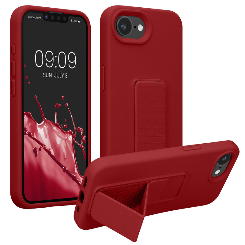 kwmobile Handyhülle kompatibel mit Apple iPhone 17e / iPhone 16e - Hülle mit Fingerhalter und Standfunktion - Silikon Case Handy Cover in Rhabarber Rot Rhabarber Rot  