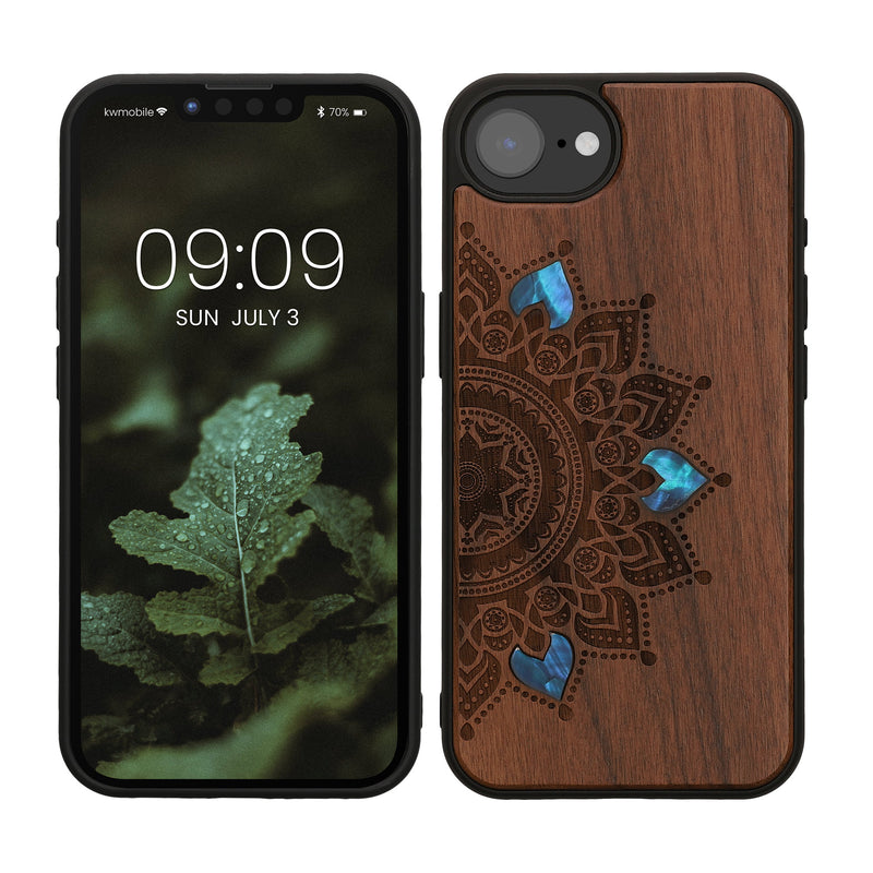 kwmobile Hülle kompatibel mit Apple iPhone 17e / iPhone 16e Hülle - Holz Case - Handy Cover - TPU Handyhülle in Dunkelbraun Aufgehende Sonne Perlmutt Dunkelbraun  [dsg03]