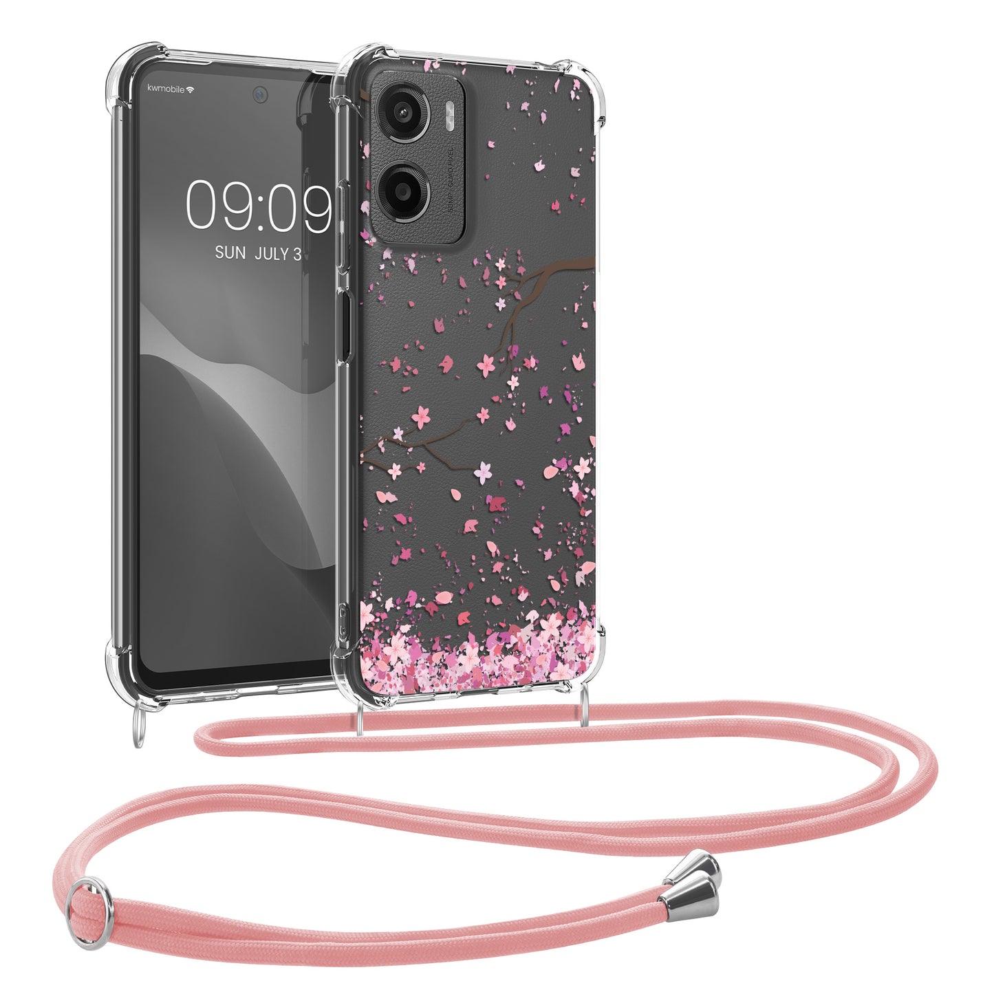 kwmobile Necklace Case kompatibel mit Motorola Moto G05 / Moto E15 Hülle - Silikon Cover mit Handykette - Rosa Dunkelbraun Transparent Kirschblütenblätter Rosa  [dsg01]