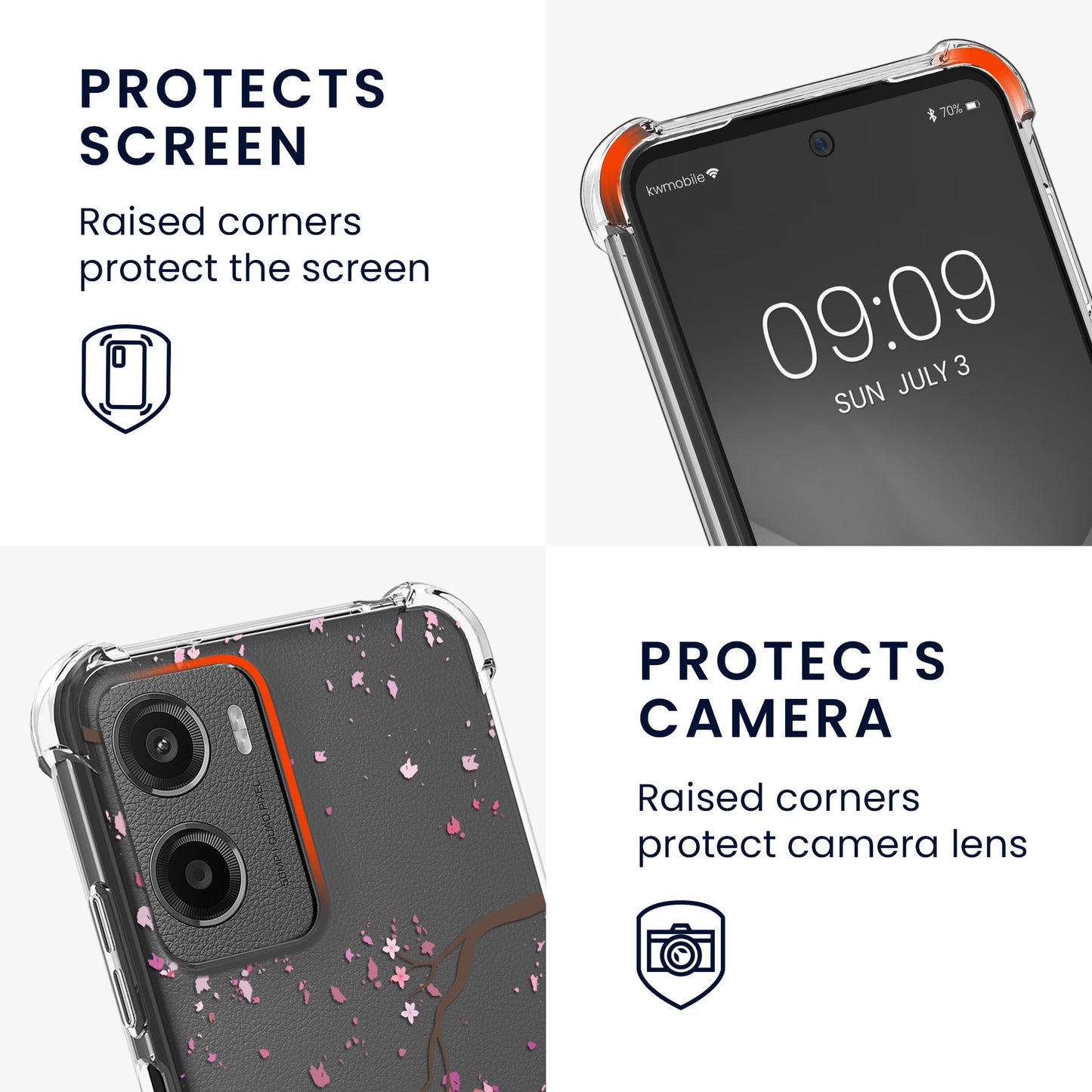 kwmobile Necklace Case kompatibel mit Motorola Moto G05 / Moto E15 Hülle - Silikon Cover mit Handykette - Dunkelbraun Transparent Kirschblütenblätter