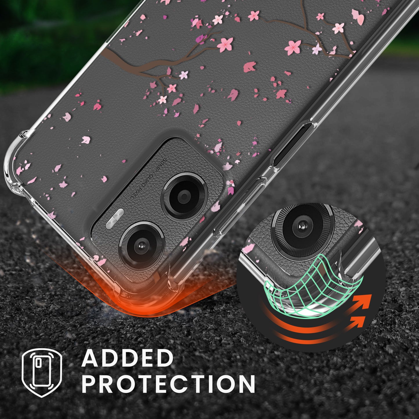 kwmobile Necklace Case kompatibel mit Motorola Moto G05 / Moto E15 Hülle - Silikon Cover mit Handykette - Dunkelbraun Transparent Kirschblütenblätter