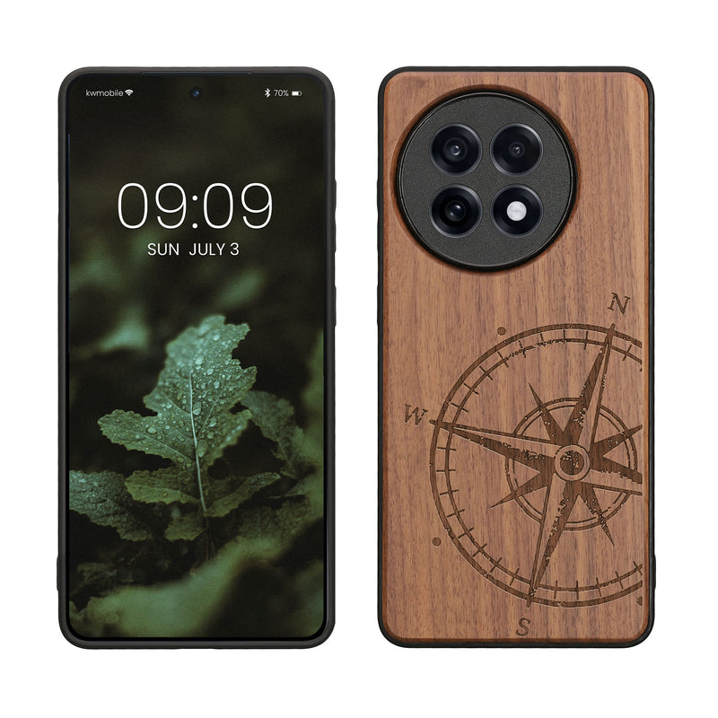 kwmobile Hülle kompatibel mit OnePlus 13R Hülle - Holz Case - Handy Cover - TPU Handyhülle in Dunkelbraun Kompass Vintage Dunkelbraun  [dsg01]