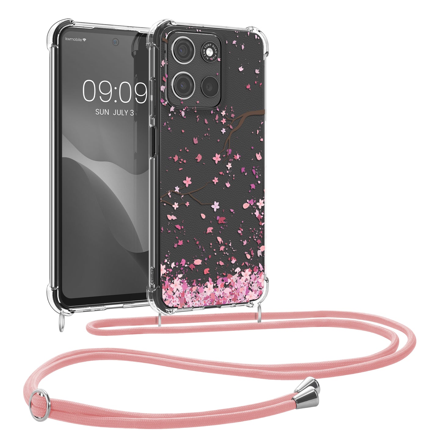 kwmobile Necklace Case kompatibel mit Motorola Moto G15 Hülle - Silikon Cover mit Handykette - Rosa Dunkelbraun Transparent Kirschblütenblätter Rosa  [dsg01]