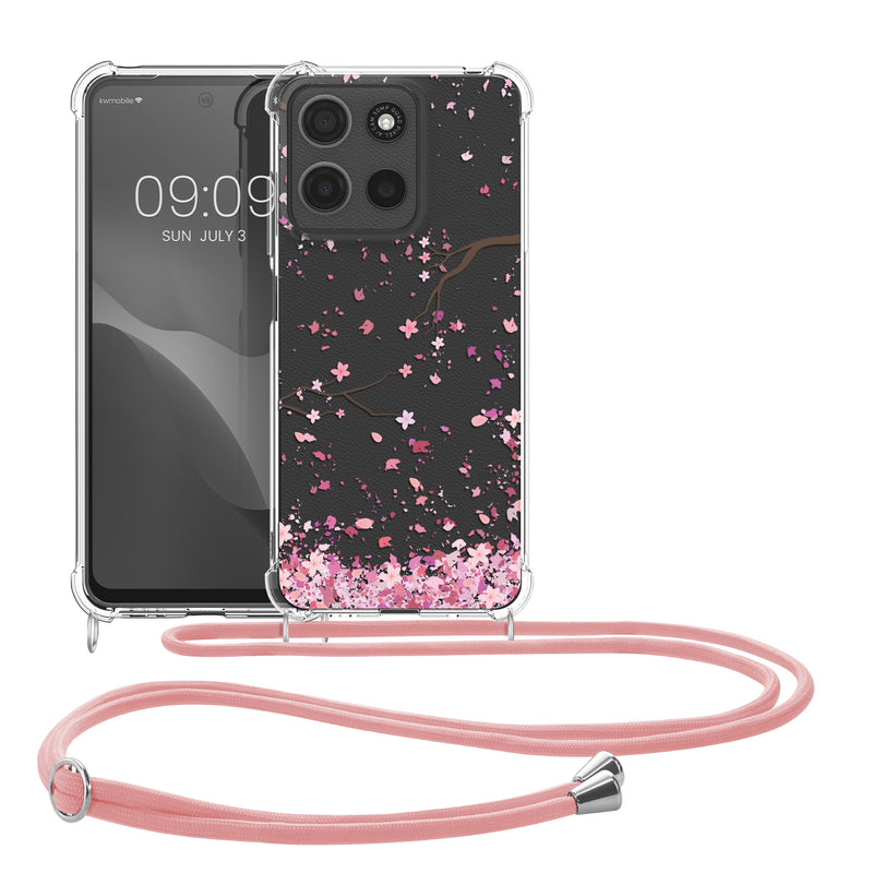 kwmobile Necklace Case kompatibel mit Motorola Moto G15 Hülle Silikon Cover mit Handykette Kirschblütenblätter