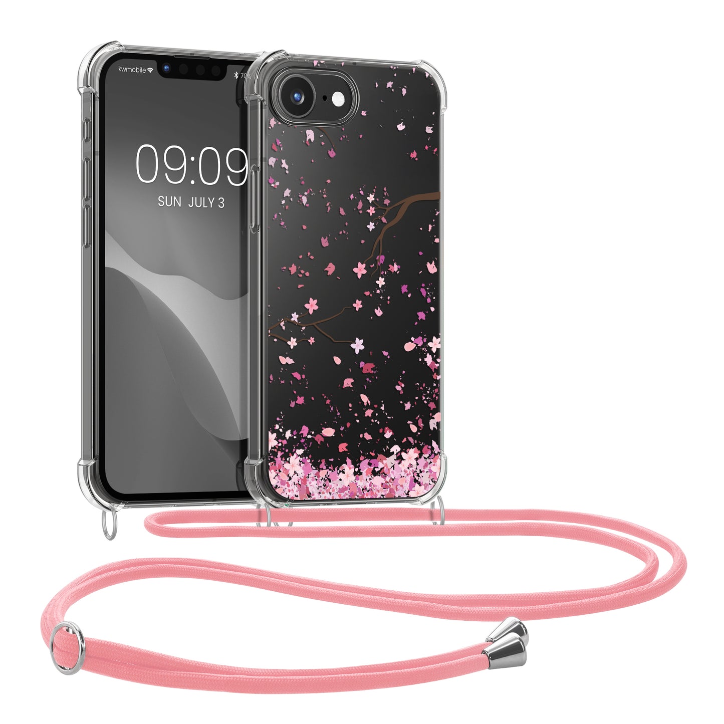 kwmobile Necklace Case kompatibel mit Apple iPhone 17e / iPhone 16e Hülle - Silikon Cover mit Handykette - Rosa Dunkelbraun Transparent Kirschblütenblätter Rosa  [dsg01]