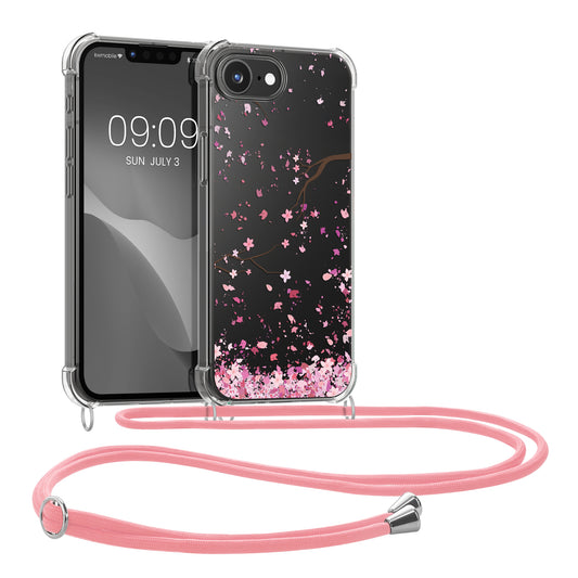 kwmobile Necklace Case kompatibel mit Apple iPhone 17e / iPhone 16e Hülle - Silikon Cover mit Handykette - Rosa Dunkelbraun Transparent Kirschblütenblätter Rosa  [dsg01]