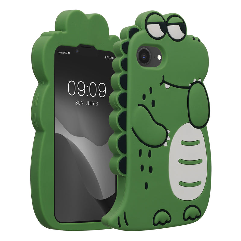 kwmobile Schutzhülle kompatibel mit Apple iPhone 17e / iPhone 16e - Hülle Handy - Handyhülle - Silikon Cover Case Süßer Dinosaurier Schwarz Weiß Grün Schwarz  [dsg01]