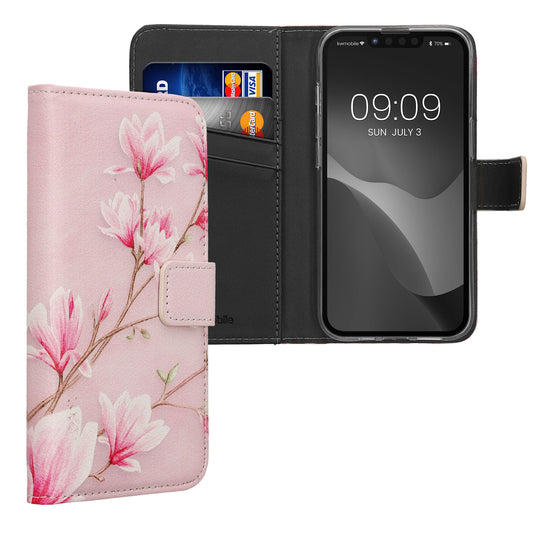 kwmobile Wallet Case kompatibel mit Apple iPhone 17e / iPhone 16e Hülle - Cover mit Ständer und Kartenfächern - Magnolien Rosa Weiß Altrosa Rosa  [dsg01]