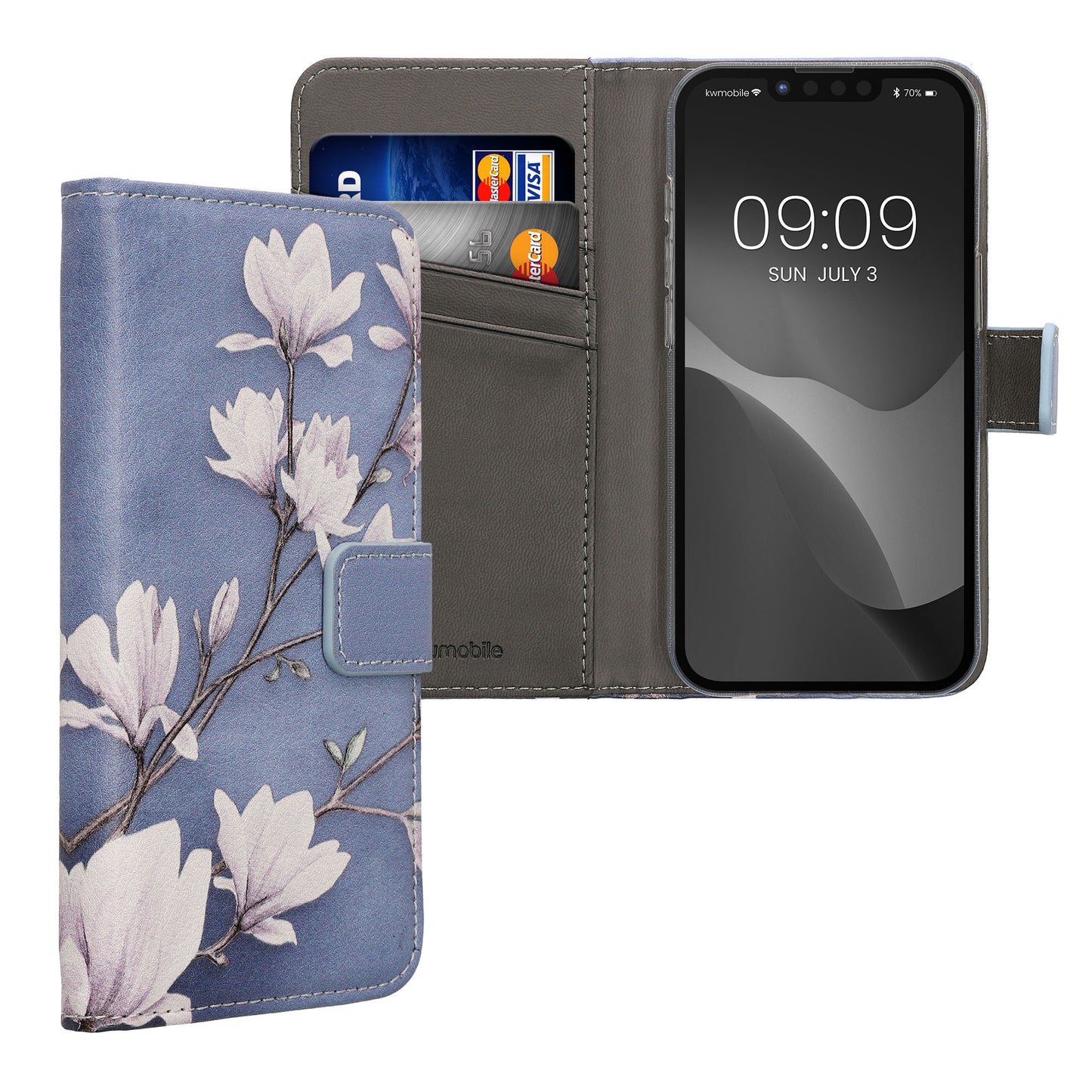 kwmobile Wallet Case kompatibel mit Apple iPhone 17e / iPhone 16e Hülle - Cover mit Ständer und Kartenfächern - Magnolien Taupe Weiß Blaugrau Taupe  [dsg02]