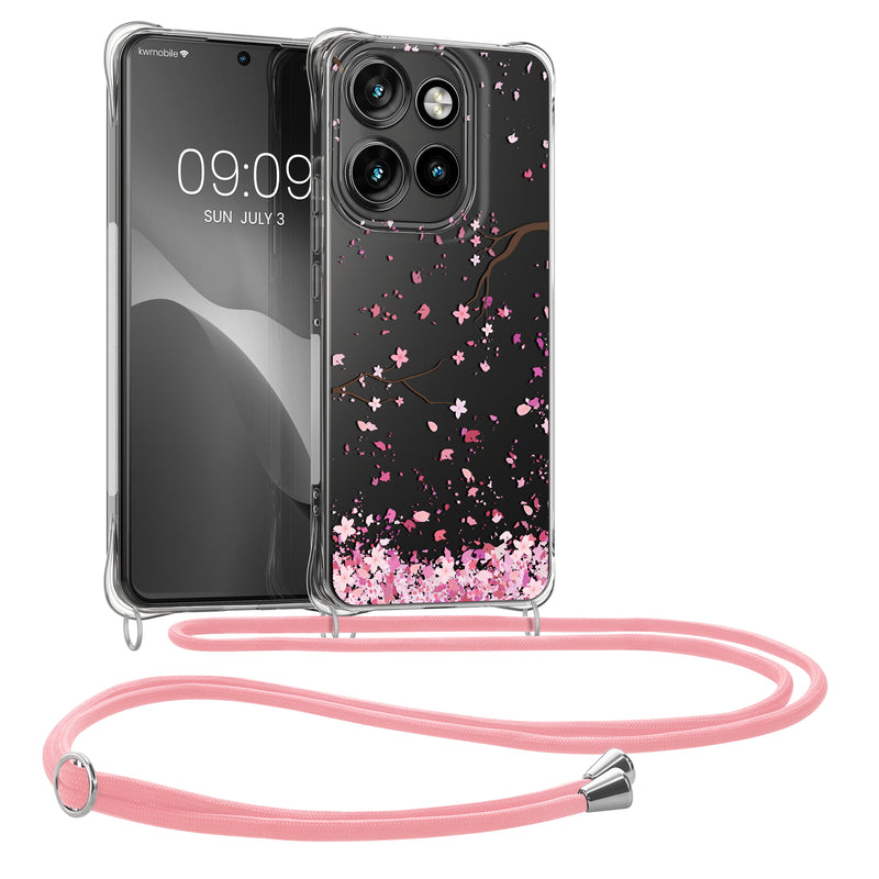 kwmobile Necklace Case kompatibel mit Motorola Edge 60 Neo / Edge 50 Neo / ThinkPhone 25 Hülle - Silikon Cover mit Handykette - Rosa Dunkelbraun Transparent Kirschblütenblätter Rosa  [dsg01]
