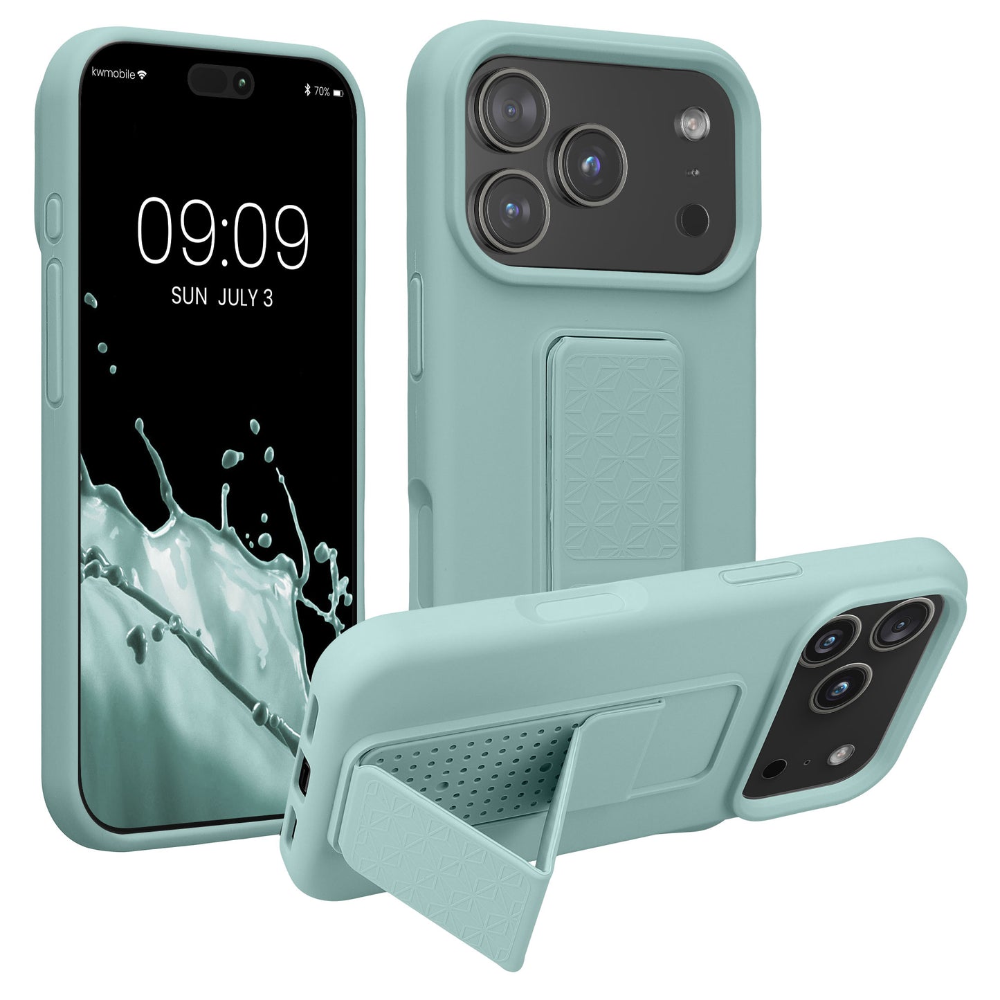 kwmobile Handyhülle kompatibel mit Apple iPhone 17 Pro - Hülle mit Fingerhalter und Standfunktion - Silikon Case Handy Cover in Mintgrün Mintgrün  
