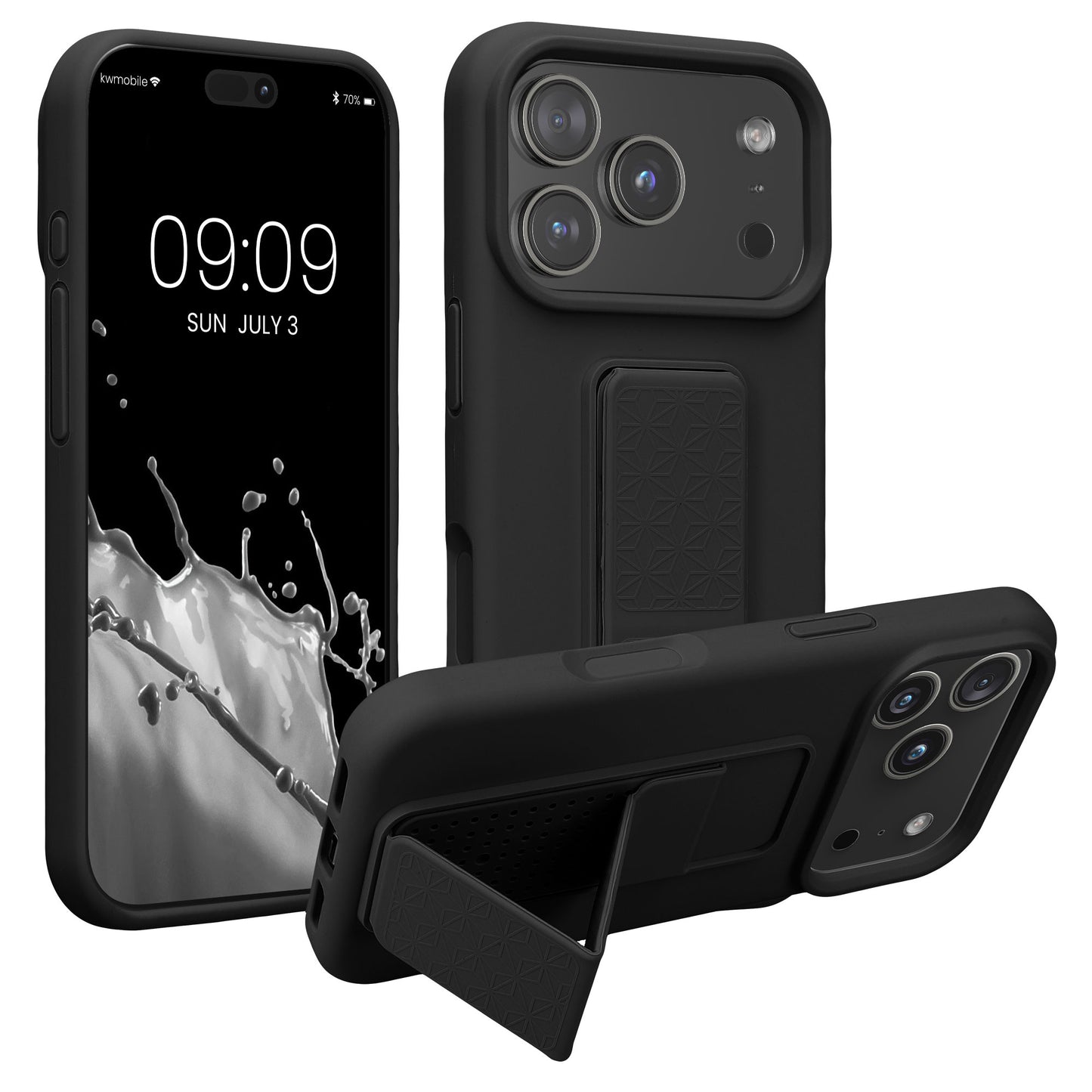 kwmobile Handyhülle kompatibel mit Apple iPhone 17 Pro - Hülle mit Fingerhalter und Standfunktion - Silikon Case Handy Cover in Schwarz Schwarz  