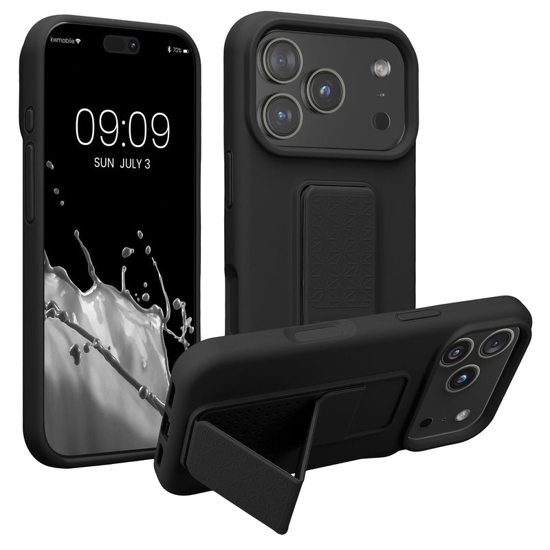 kwmobile Handyhülle kompatibel mit Apple iPhone 17 Pro - Hülle mit Fingerhalter und Standfunktion - Silikon Case Handy Cover in Schwarz Schwarz  