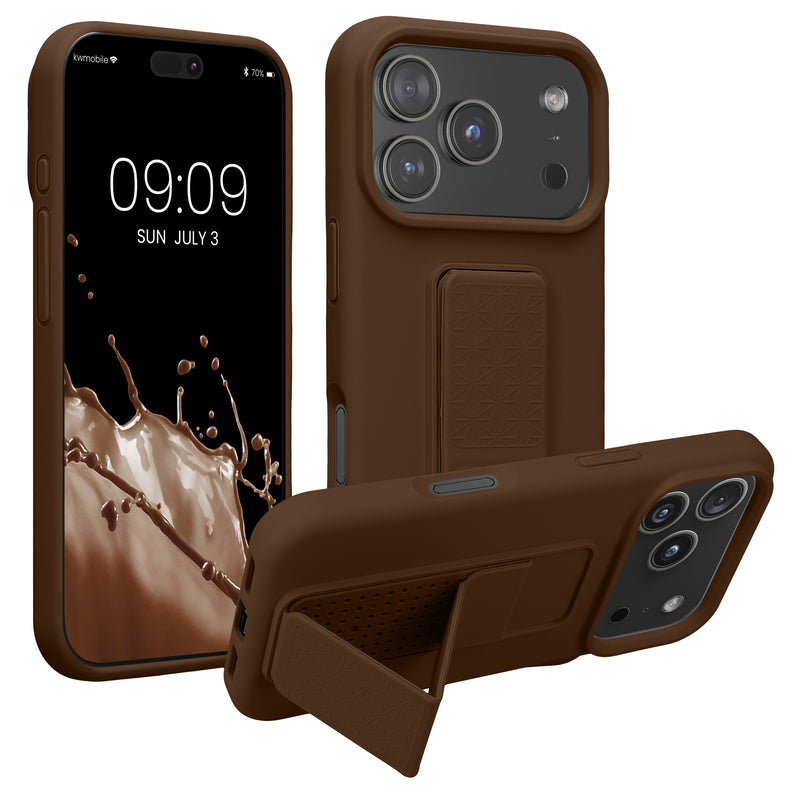 kwmobile Handyhülle kompatibel mit Apple iPhone 17 Pro - Hülle mit Fingerhalter und Standfunktion - Silikon Case Handy Cover in Chocolate Chocolate  