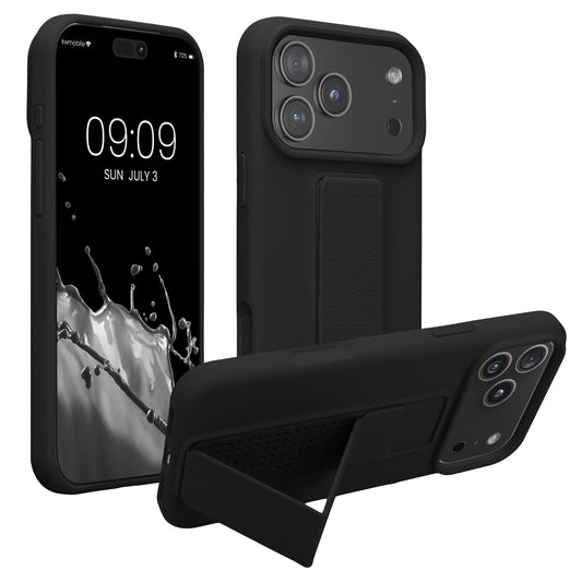 kwmobile Handyhülle kompatibel mit Apple iPhone 17 Pro Max - Hülle mit Fingerhalter und Standfunktion - Silikon Case Handy Cover in Schwarz Schwarz  