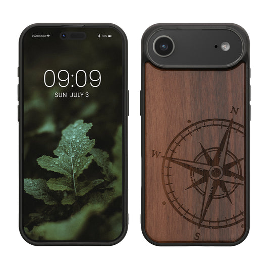 kwmobile Hülle kompatibel mit Apple iPhone Air Hülle - Holz Case - Handy Cover - TPU Handyhülle in Dunkelbraun Kompass Vintage Dunkelbraun  [dsg01]