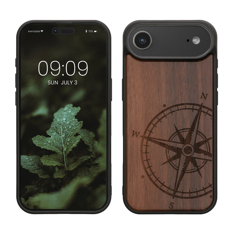 kwmobile Hülle kompatibel mit Apple iPhone Air Hülle - Holz Case - Handy Cover - TPU Handyhülle in Dunkelbraun Kompass Vintage Dunkelbraun  [dsg01]