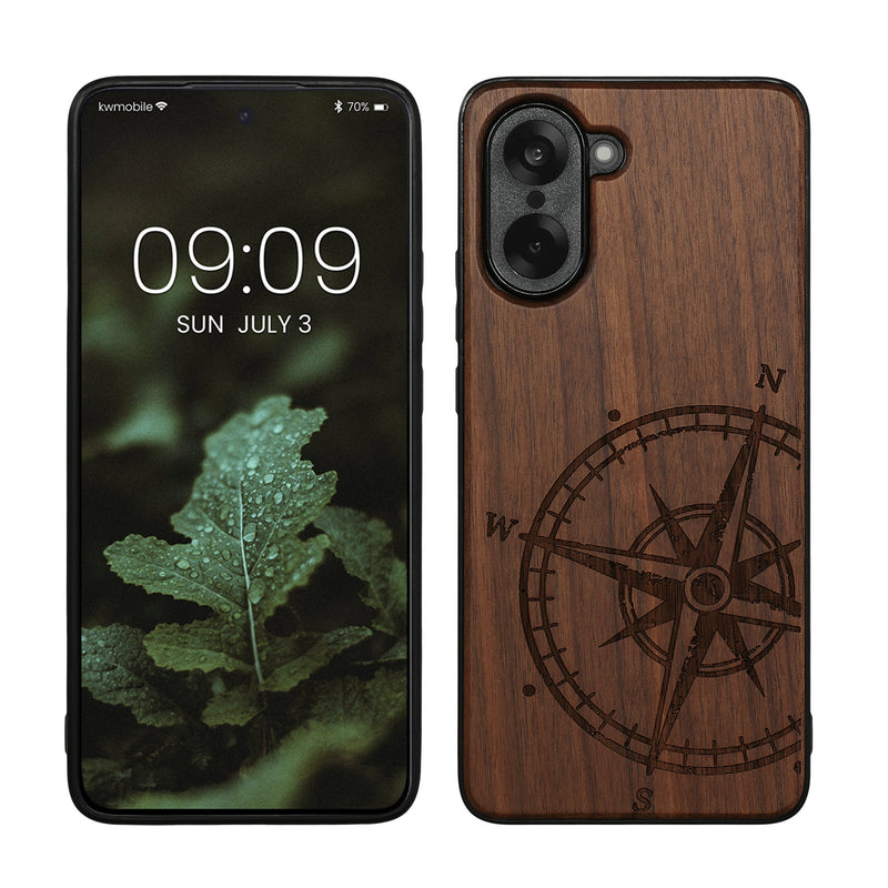 kwmobile Hülle kompatibel mit OnePlus Nord CE5 Hülle - Holz Case - Handy Cover - TPU Handyhülle in Dunkelbraun Kompass Vintage Dunkelbraun  [dsg01]
