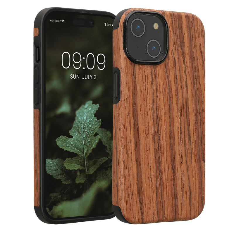 kwmobile Hülle kompatibel mit Apple iPhone 15 - Holz TPU Case Handy Schutzhülle - Backcover Cover Holz Maserung Braun Braun  [dsg01]