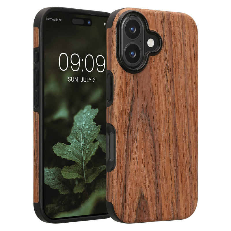 kwmobile Hülle kompatibel mit Apple iPhone 16 - Holz TPU Case Handy Schutzhülle - Backcover Cover Holz Maserung Braun Braun  [dsg01]