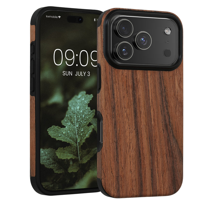kwmobile Hülle kompatibel mit Apple iPhone 17 Pro - Holz TPU Case Handy Schutzhülle - Backcover Cover Holz Maserung Braun Braun  [dsg01]