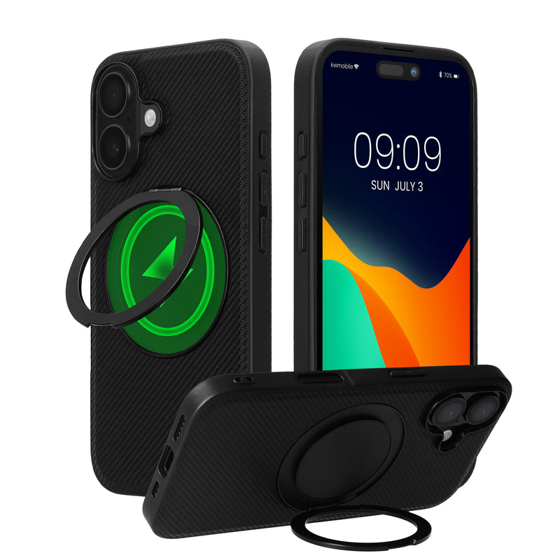 kwmobile Hülle für Apple iPhone 16 Handyhülle - Case kompatibel mit MagSafe - Cover mit Ringständer - Kunstleder Carbon Look in Schwarz Schwarz  [dsg01]