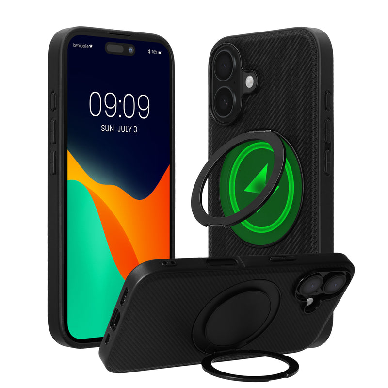 kwmobile Hülle für Apple iPhone 16 Handyhülle - Case kompatibel mit MagSafe - Cover mit Ringständer - Kunstleder Carbon Look