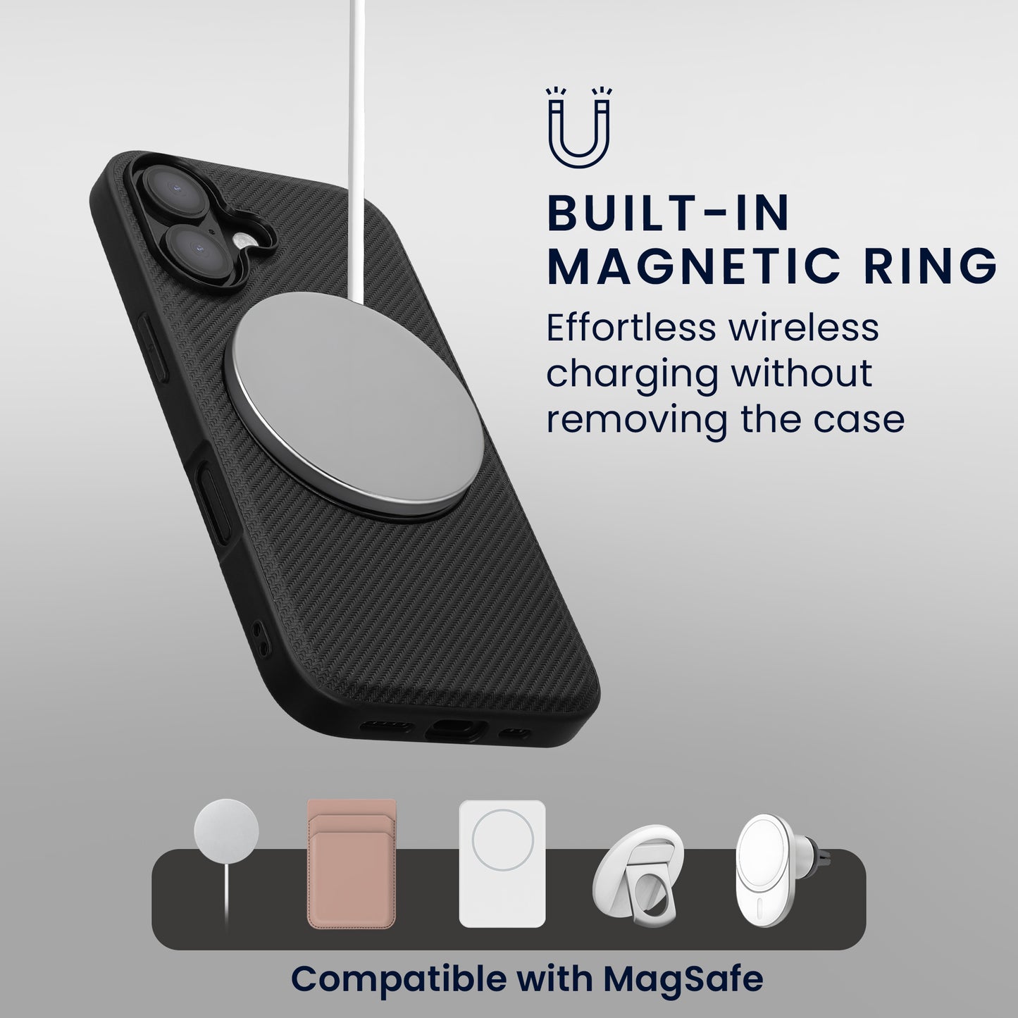 kwmobile Hülle für Apple iPhone 16 Handyhülle - Case kompatibel mit MagSafe - Cover mit Ringständer - Kunstleder Carbon Look