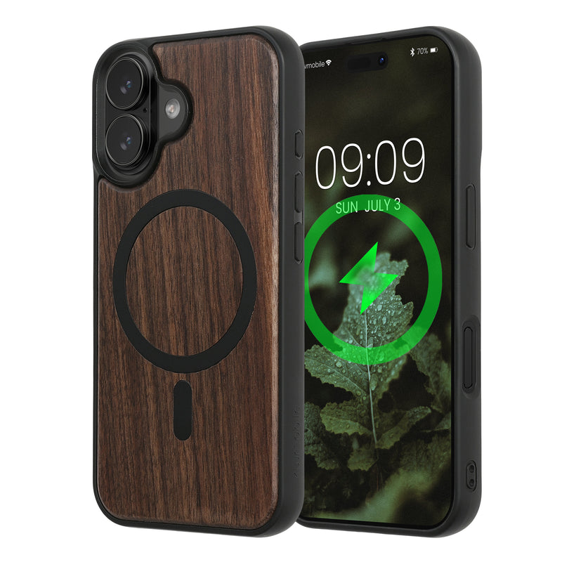 kwmobile Hülle für Apple iPhone 16 Handyhülle - Cover aus Holz und TPU - Kompatibel mit MagSafe - Case in Dunkelbraun Schwarz Holz Dunkelbraun  