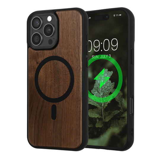 kwmobile Hülle für Apple iPhone 16 Pro Max Handyhülle - Cover aus Holz und TPU - Kompatibel mit MagSafe - Case in Dunkelbraun Schwarz Holz Dunkelbraun  