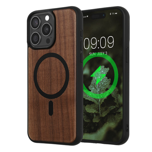 kwmobile Hülle für Apple iPhone 15 Pro Max Handyhülle - Cover aus Holz und TPU - Kompatibel mit MagSafe - Case in Dunkelbraun Schwarz Holz Dunkelbraun  