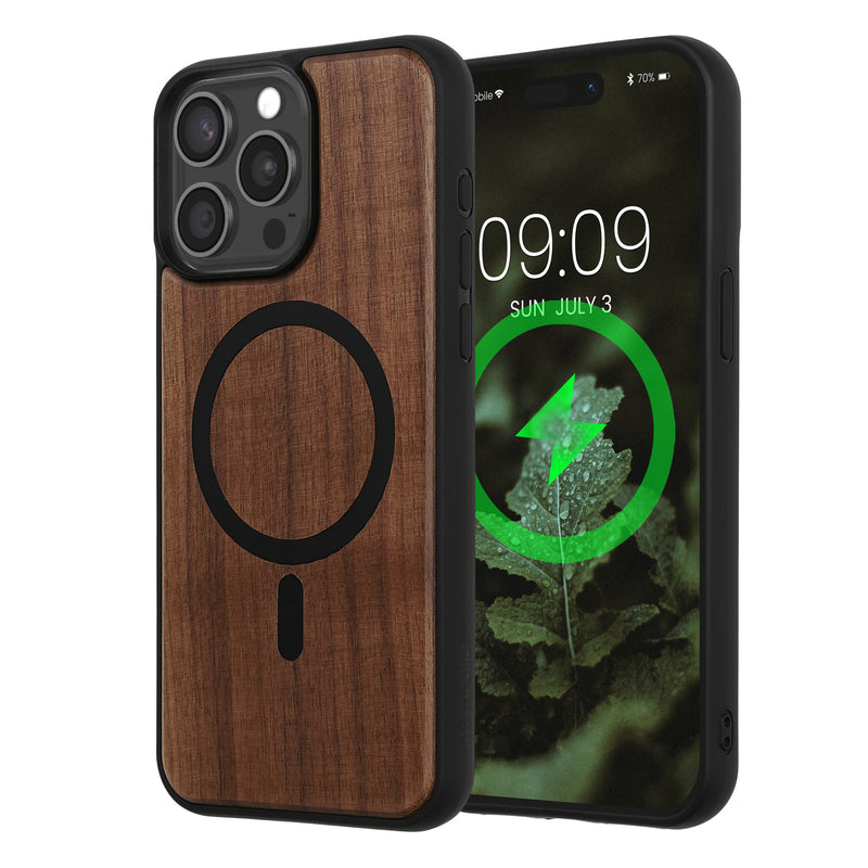 kwmobile Hülle für Apple iPhone 15 Pro Max Handyhülle - Cover aus Holz und TPU - Kompatibel mit MagSafe - Case in Dunkelbraun Schwarz Holz Dunkelbraun  