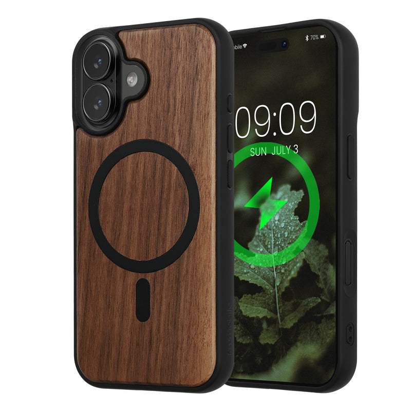 kwmobile Hülle für Apple iPhone 17 Handyhülle - Cover aus Holz und TPU - Kompatibel mit MagSafe - Case in Dunkelbraun Schwarz Holz Dunkelbraun  