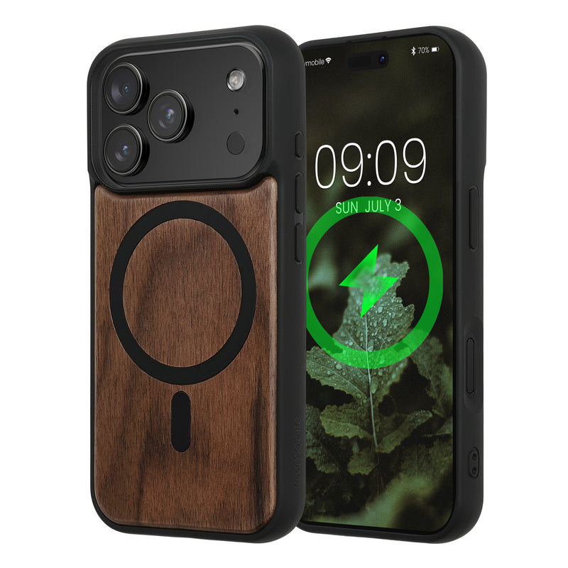kwmobile Hülle für Apple iPhone 17 Pro Handyhülle - Cover aus Holz und TPU - Kompatibel mit MagSafe - Case in Dunkelbraun Schwarz Holz Dunkelbraun  