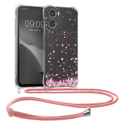 kwmobile Necklace Case kompatibel mit Motorola Moto G06 Hülle - Silikon Cover mit Handykette - Rosa Dunkelbraun Transparent Kirschblütenblätter Rosa  [dsg01]